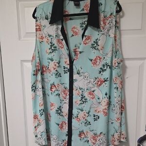 Torrid Aqua Floral Mermaid Blouse with Black Collar